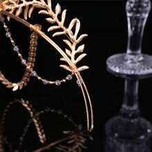 1pc Vintage Greek Style Tassel Crown, Golden Leaf & Rhinestone Headband, Party Costume Hair Accessory,Coronas,Tiara - Gold - View 7