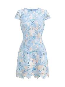 Vestido romántico de manga corta con estampado floral diminuto y bajo asimétrico de encaje para mujer - Celeste - Ver 4