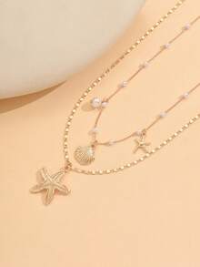 2pcs Girls Sweet Summer Ocean Style Fresh Faux Pearl Necklace Fashion Starfish Shell Multi-Pendant Layered Necklace Set - Multicolor - View 2