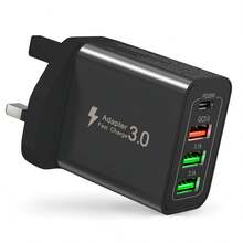 40W 4口USB充电器，多功能英式插头适配器，2A2C USB-C快速充电插头（支持PD和QC协议），墙式适配器（适用于多种设备），便携式旅行多USB充电器（兼容、安卓等） - 查看 1