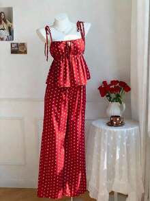 YkhahaComfortcana Conjunto de 2 piezas de top tipo camisola con hombros retorcidos y estampado de lunares, y pantalones de pierna ancha, para mujer, estilo casual de verano, retro y de playaYkhaha - Rojo - Ver 3