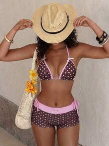 3pcs Cute Brown & Pink Polka Dot Women's Halter Bikini Set With Shorts - Summer Beach Holiday Swimwear - Multicolor - View 2