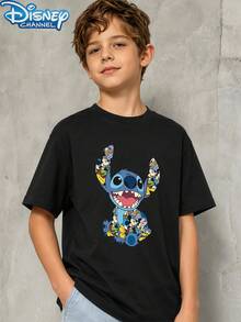 Camiseta de manga corta negra de un solo pieza con estampado de Stitch y sus amigos de Disney Lilo & Stitch para niños y adolescentes, ropa de verano casual diaria para chicos adolescentes - Negro - Ver 1
