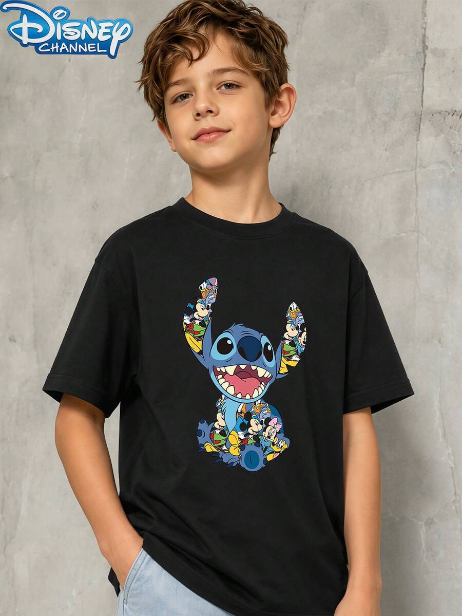 Camiseta de manga corta negra de un solo pieza con estampado de Stitch y sus amigos de Disney Lilo & Stitch para niños y adolescentes, ropa de verano casual diaria para chicos adolescentes - Negro - Ver 1
