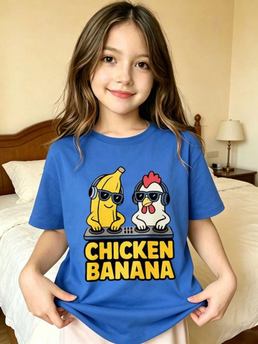 Cartoon Characters Printed T-Shirt For Kids - Blue - View 1