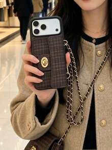 1pc Luxury Fragrance Style Rhombus Chain Lock Card Holder Crossbody Phone Case, Premium Wool Pattern Quilted Microfiber Leather, Crossbody Leather Chain Coin Card Holder Portable Protective Shell For Women, Compatible With Apple/ Galaxy S24 Ultra/ 17 Pro Max/16 Pro Max/12 Pro/13/14 Plus/15 Pro Max/18/18 Pro Max - Brown - View 2