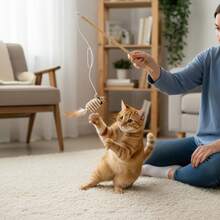 1Pc/2Pcs Random Style Interactive Cat Wand Toy With Feather & Bell - Sisal Mouse/Ball Design, Wooden Stick Teaser For Kitten Play & Exercise - Multicolor - View 2