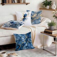 4pcs Blue Marble Floral Pattern Cushion Cover Set, Single-Sided Printed Throw Pillow Covers For Living Room Sofa Bedroom, 40x40cm/45x45cm/50x50cm, Pillow Insert Not Included - Multicolor - View 9