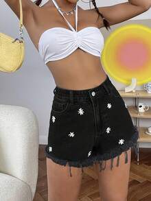 Women's Basic And Versatile Denim Shorts With Embroidered Frayed Hem - Black - View 6