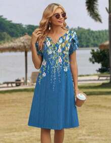 ,Flower Dress Women,2026 Women's Summer Casual Floral V-Neck A-Line T-Shirt Mini Dress Short Sleeve With Pockets Beach Sundress,Casual Summer Dress, S - Blue Bloom - 查看 4
