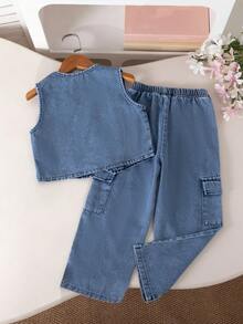 Bộ 2 món gồm áo ba lỗ và quần ống đứng có túi, kiểu dáng thường ngày, phù hợp cho bé gái mặc đi học, dạo phố, đi nghỉ mát, dự tiệc và chụp ảnh. - Màu xanh lam - Xem 2