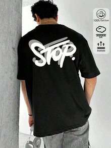 Men's Slogan T-Shirt, Oversized Fit, 100% Black Cotton, With A Bold Print. Comfortable And Breathable, Ideal For Leisure And Sports, Perfect For Spring And Summer. Soft And Durable, It's Perfect For Everyday Outdoor Wear And Holidays. An Ideal Gift For Father's Day And Graduation. - 黑色 - 查看 3