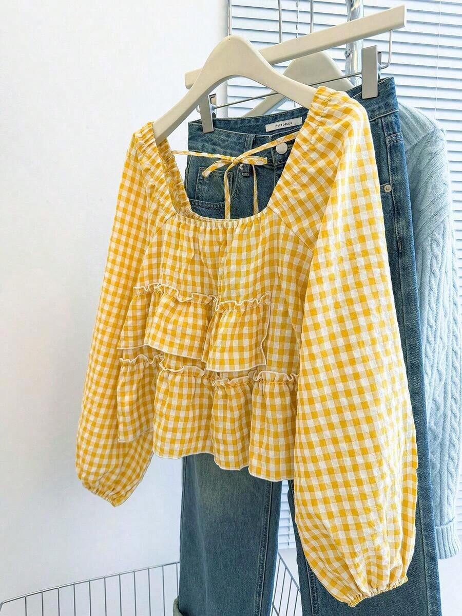 Blusa con volantes en el bajo, nueva llegada de otoño para mujer - Amarillo - Ver 1