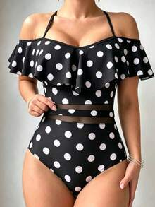 Traje de baño de una pieza con cuello halter de unicolor, adecuado para vacaciones en la playa, fiestas en la piscina, fiestas en la playa - Blanco y Negro - Ver 3