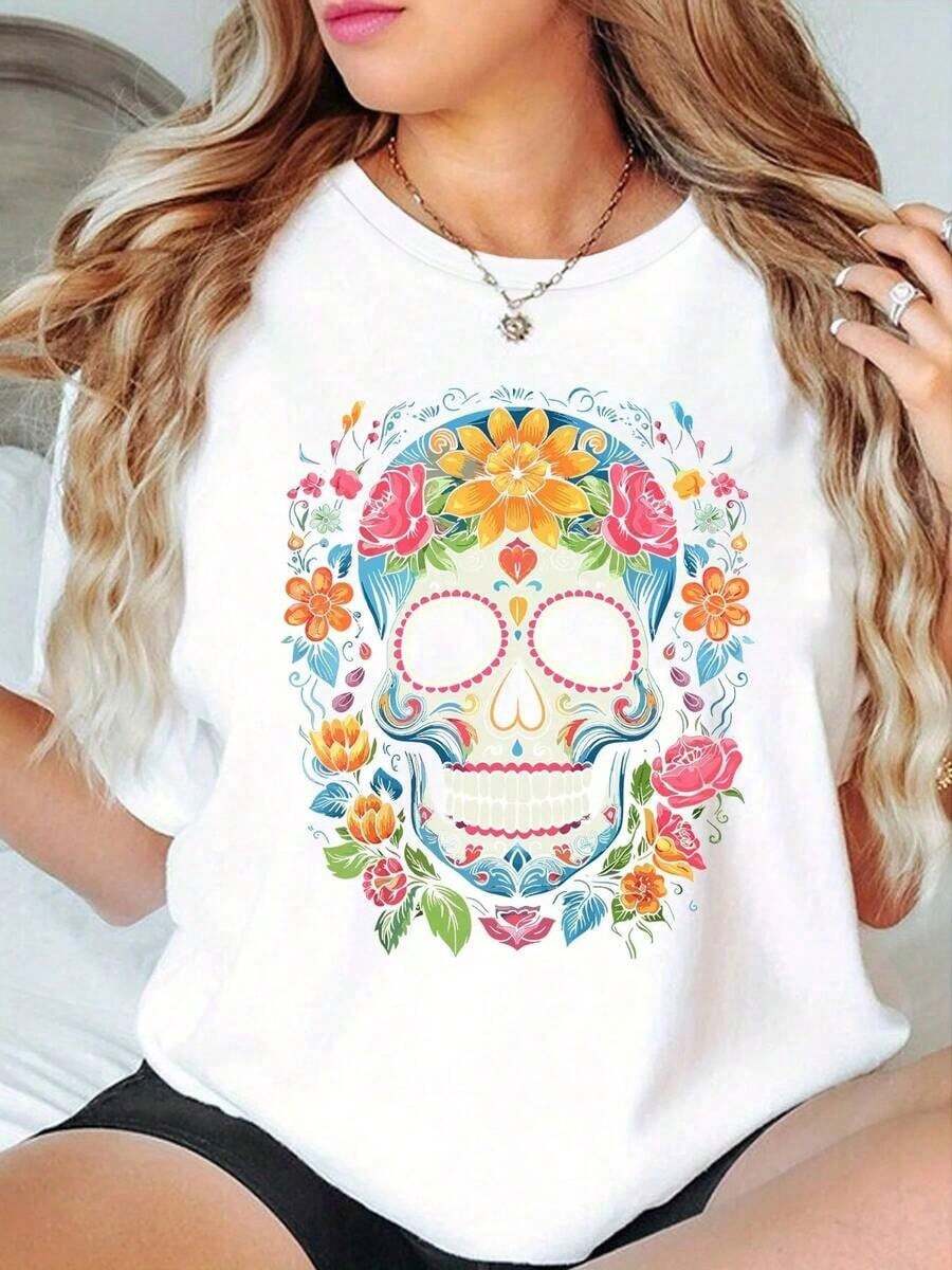 Women's Summer T-Shirt With Round Neck, Short Sleeves, Loose Fit, Casual, Day Of The Dead Floral Skull Graphic Print - 白色 - 查看 1