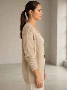 Women's Basic Longline Cardigan With Fang Stitch Knit And Long Sleeves For Autumn/Winter - 米色 - 查看 3