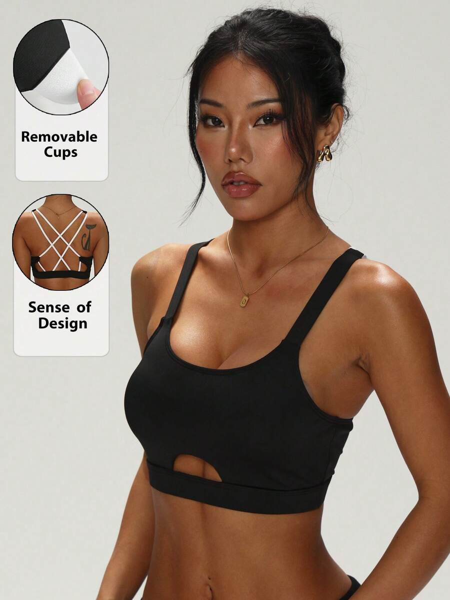 Women's Solid Color Round Neck Removable Padded Criss-Cross Back Sports Knit Bra - Black and White - View 1