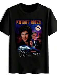 Camiseta Gráfica Knight Rider para Hombre - Camiseta Casual de Verano Negra con Diseño de Coche Vintage y Personaje, Algodón Transpirable, Ideal para Viajes, Playa y Regalos de Vacaciones, Camiseta de Playa |   Estilo Retro |   Tela Duradera - Negro - Ver 1