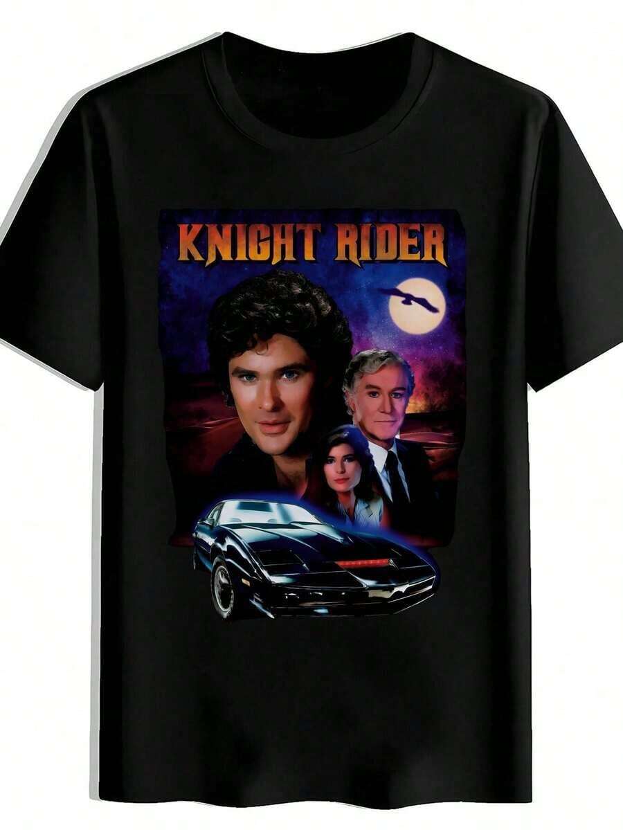 Camiseta Gráfica Knight Rider para Hombre - Camiseta Casual de Verano Negra con Diseño de Coche Vintage y Personaje, Algodón Transpirable, Ideal para Viajes, Playa y Regalos de Vacaciones, Camiseta de Playa | Estilo Retro | Tela Duradera - Negro - Ver 1
