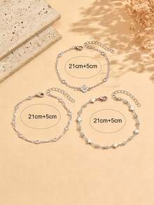 3pcs/Set Fashion Multi-Layer Stacked Clover Transparent Rhinestone Decor Anklet Charm Women's Beach Rhinestone Anklet Suitable For Daily Wear, Parties, Beach Vacation And Travel, Handmade Chain Cut To Length With Variable Bead Count - Silver - View 4