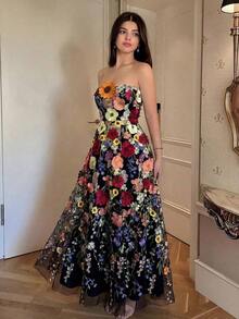 Último diseño: vestido elegante y romántico con bordado floral morado en tul, que ciñe la cintura sin mangas, adecuado para primavera y verano - Negro - Ver 4
