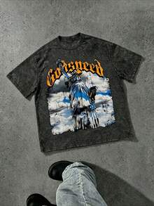 Manfinity  Manfinity Streetrush Letter & Statue Print Round Neck Casual Short Sleeve T-Shirt Graphic Tees Streetwear Graphic Tees Men Vintage - 黑色 - 查看 1