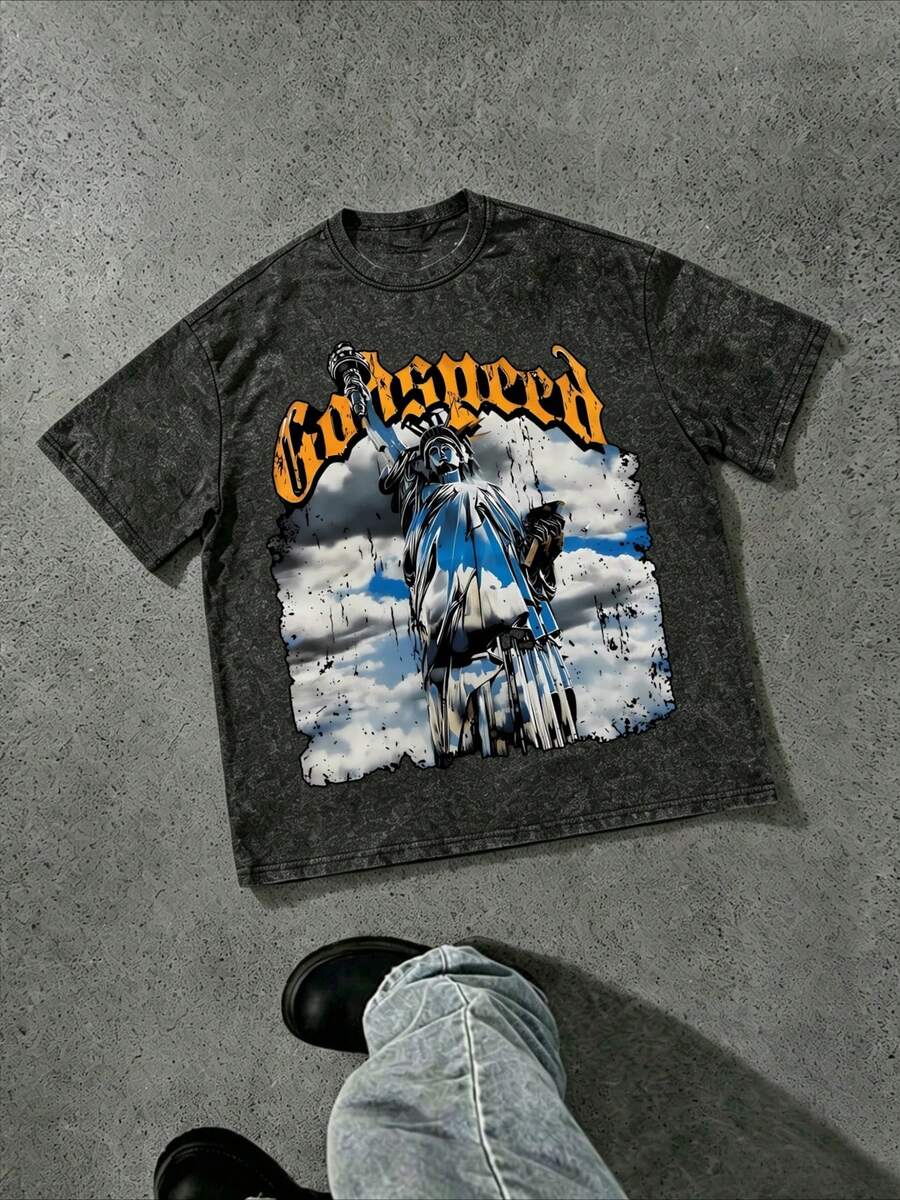 Manfinity Manfinity Streetrush Letter & Statue Print Round Neck Casual Short Sleeve T-Shirt Graphic Tees Streetwear Graphic Tees Men Vintage - 黑色 - 查看 1