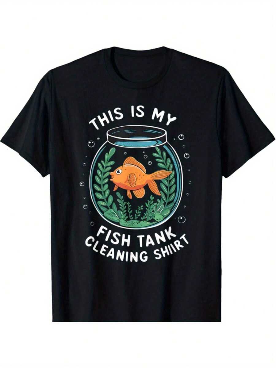 Camiseta divertida sobre el mantenimiento del acuario con estampado de peces tropicales y humor sobre la limpieza de peces. Manga corta para acuaristas, amantes de los acuarios y de las peceras. Corte regular. Ropa informal. - Negro - Ver 1