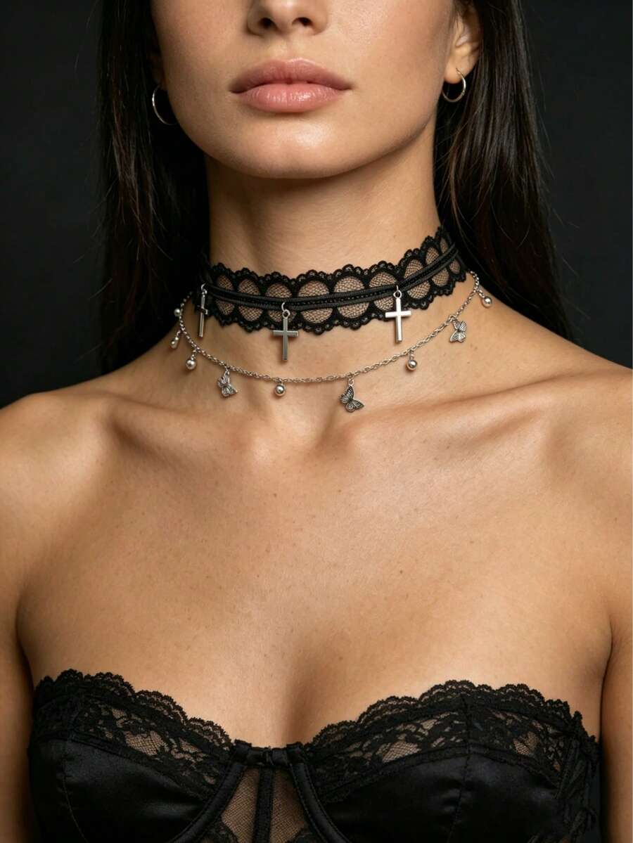 1pc Lace Butterfly Cross Tassel Necklace, Gothic Unique Design Choker Necklace For Women - Black - View 1