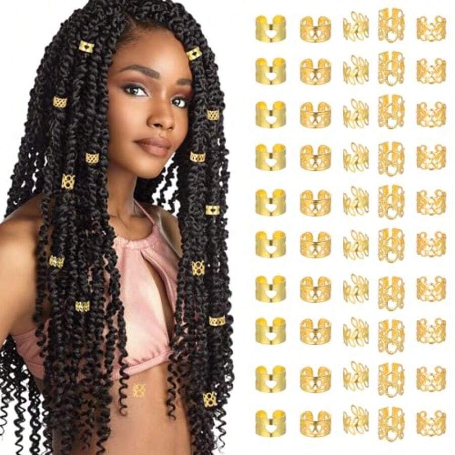 50Pcs Hair Jewelry For Women Gold Hair Cuffs For Braids Multiple Styles Hair Clip Charms Rings Beads Braid Clips Loc Jewels For  Dreadlock Hair Decorations Music Festival Party - 金色 - 查看 1