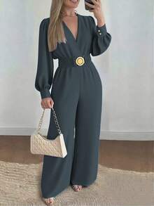 Women's Fashionable Deep V-Neck One-Piece Dress Set, Wide-Legged Smooth Tailoring, Diverse Designs, Suitable For Everyday Casual Wear - 黑色 - 查看 2