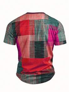 Herr T-shirt i våffelsstickat med digitalt 3D-tryck, patchwork, kontrasterande färger, för utomhusbruk, sportig och casual, med Henley-krage - Röd - Visa 2