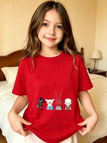 Four Cartoon Characters On Printed T-Shirt For Kids - Red - View 1