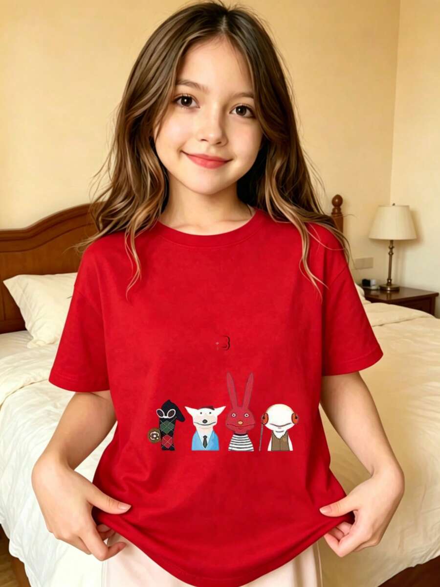 Four Cartoon Characters On Printed T-Shirt For Kids - Red - View 1
