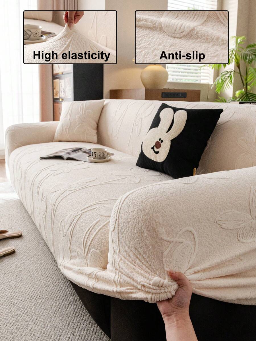 1pc Plush Velvet Sofa Cover, High Stretch Multi-Functional Full Coverage Sofa Slipcover, Geometric Pattern Design Thick Material, Protect Sofa Holiday Decor Sofa Cover, High Elasticity One-Piece Sofa Cover - Beige - View 1