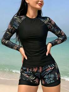 2-Piece/Women's Long-Sleeved Surf Set, Surf Suit, Wetsuit, Tropical Plant Print Raglan Sleeve Surf Top Set For Women, Women's Contrasting Tropical Print Long-Sleeved Rashguard Set For Summer Beach Vacation, Women's Surf Suit - 黑色 - 查看 1