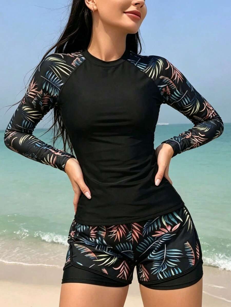 2-Piece/Women's Long-Sleeved Surf Set, Surf Suit, Wetsuit, Tropical Plant Print Raglan Sleeve Surf Top Set For Women, Women's Contrasting Tropical Print Long-Sleeved Rashguard Set For Summer Beach Vacation, Women's Surf Suit - 黑色 - 查看 1