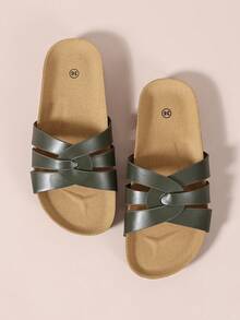 Ximi Ruo Olive Green Velvet Double-Buckle Thick-Soled Sandals, Retro Open-Toe Flat Slippers, Slouchy Slip-On, French Casual Style, Comfortable Breathable Lightweight Sole, Suitable For Beach, Home, Commuting, Travel And More, Summer New Fashion - Dark Green - View 6