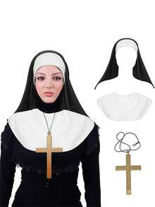 3pcs/Set Nun Costume Set: White Collared Hat,Gold Cross Necklace.Charming Accessories For Halloween,Masquerade,Church,Halloween Costume Accessories - Multicolor - View 13