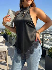 Blusa de satén negro talla grande con cuello halter, ribete de encaje, dobladillo asimétrico, sin mangas y espalda abierta para mujer, fiesta, noche, casual, verano (YY1420) - Negro - Ver 4