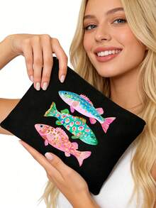 Colorful Striped Fish Pattern Cosmetic Bag,Vintage Style,Creative Zippered Makeup Pouch & Multi-Functional Coin Purse - Multicolor - View 3