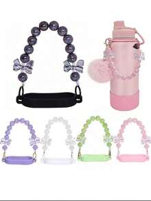 Multi-Color Water Bottle Accessories, Water Bottle Lanyard, Water Bottle Decoration, Bow-Shaped Portable Straw Strap Made Of Pink, Purple And White Beads, Suitable For 20 To 40oz Sports Water Bottles, Perfect For Fitness, Camping And Outdoor Activities - Multicolor - View 3