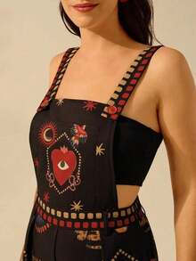 Mono negro casual de vacaciones de verano para mujer con diseños estampados bohemios de leopardo tropical, caparazón de tortuga de bambú, ojo del, serpiente y pájaro, con bolsillos grandes y tirantes - Multicolor - Ver 5