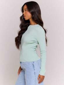 Top de cuello redondo de manga larga tejido, casual, para vacaciones, aeropuerto, días festivos, otoño, regreso a la escuela, elegante, primavera, verano - verde menta - Ver 3