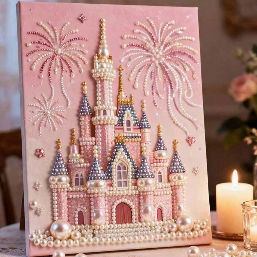 DIY 3D Set, Castle Fireworks Pattern, Faux Pearl Handicrafts, Suitable For Adults And Beginners, Home Wall Decor. Heart, Fireworks, Seascape, Full Diamond Round Acrylic Cross Stitch Mosaic Art Painting, Perfect Home And Office Decoration Gift