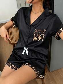 Dreamivo 2pcs Casual Colorful Short Sleeve Shorts Pajama Set With Button & Bow Decor - Black - View 1