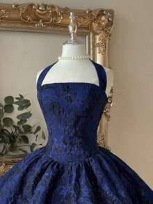 Lovelzi Vestido elegante, romántico y de moda de tela jacquard burdeos con escote halter, espalda descubierta y manga larga en corte evasé, adecuado para ceremonia de graduación, apertura de escuela, festival de música, fiesta de cumpleaños, boda, té de la tarde, baile de graduación - Azul marino - Ver 6