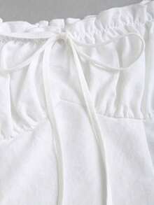 Vestido corto romántico y dulce para mujer, con hombros descubiertos, mangas abullonadas, cintura con cordón, bajo asimétrico con volantes, elegante y refinado vestido blanco para fiestas y citas en primavera/verano - Blanco - Ver 3