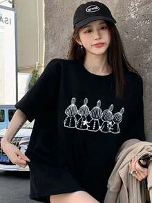 [ 100% Cotton ] Recommended New Products For Summer 2026: Lace Logo T-Shirt, Summer Dress, Women's Fashion T-Shirt, Short Sleeve Office Casual 200g Cotton Cartoon Character Printed Loose White Top, Y2K Women's Top, Spring Dress Top - Black - View 6