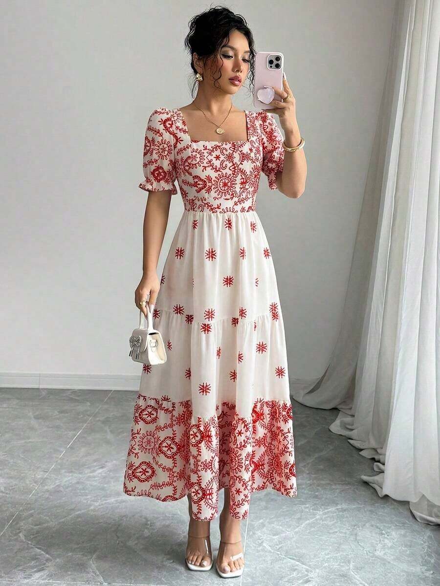 fsvsElenzga Vestido de mujer de corta manga con cuello cuadrado, cintura entallada y línea A, elegante para vacaciones, uso casual y diariosdvs AT2L - Rojo - Ver 1